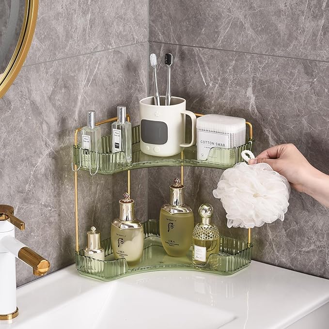 Trdongxu 2-Tier Corner Bathroom Organizer Countertop with Hooks, Bathroom Sink Corner Vanity Storage for Makeup, Skincare and Perfume (Green Gold)