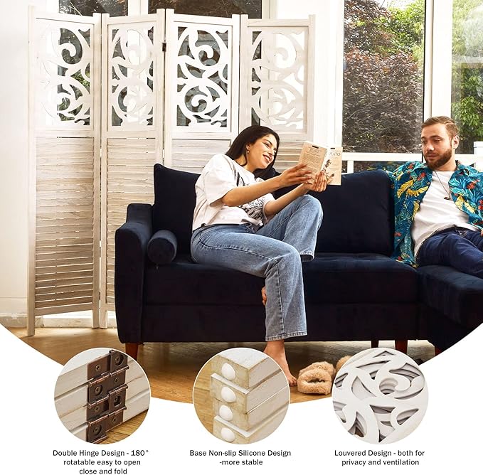 Room Divider Wood Carved Wall Divider Indoor Folding Portable Partition Screen for Home Office Garden Terrace - 4 Panel, 67 * 60inch (White)