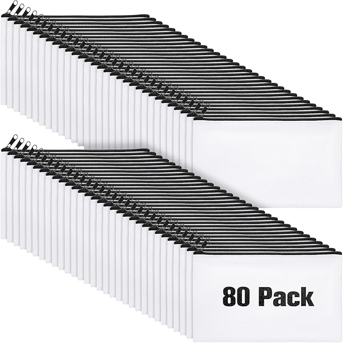 Reginary 80 Pack Canvas Zipper Makeup Bags Bulk Pencil Pouches Blank DIY Craft Canvas Cosmetic Bag Pouch with Zipper for Makeup Cosmetic Toiletry Stationary Storage(White and Black Zippers)