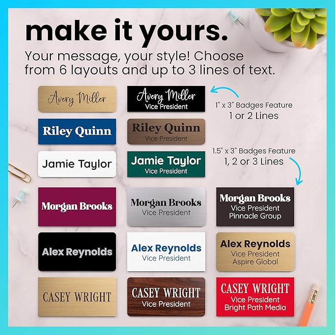 ExcelMark Custom Name Tag - Engraved Name Badge with Pin or Magnetic Backing, 16 Colors, 6 Fonts, and 2 Sizes to Choose from (Brown w/White Letters, 1"x 3")
