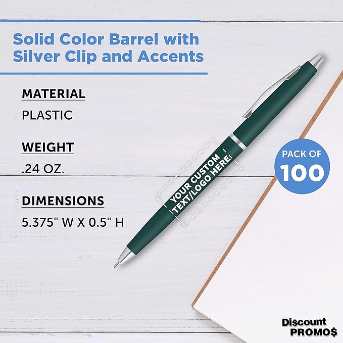 DISCOUNT PROMOS Custom Langham Ballpoint Pens Set of 100, Personalized Bulk Pack - Black Ink, Great for Office, School, Business, Tradeshows - Hunter Green