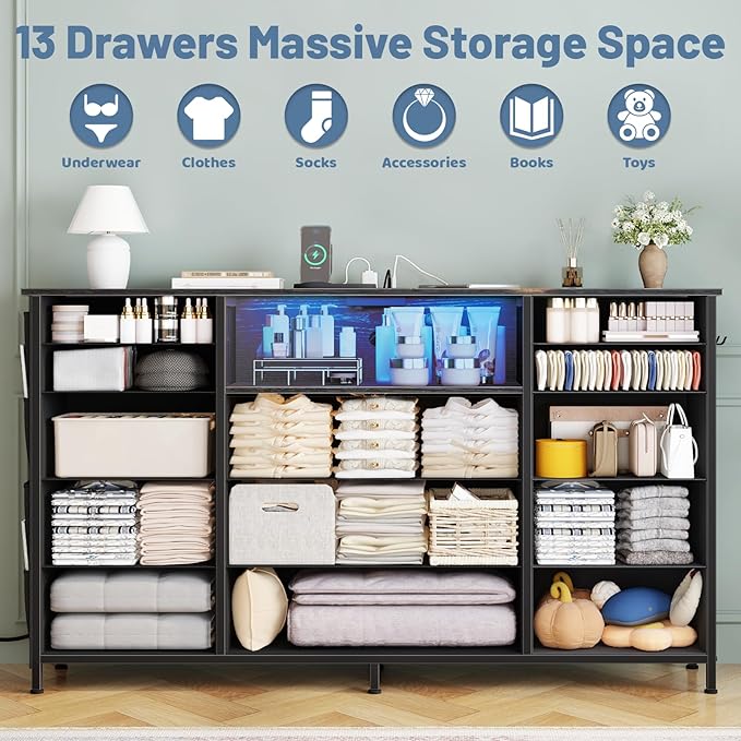 HCHQHS 47 Inch Dresser for Bedroom with 13 Drawers,Side Pockets Hooks and Lights with Remote Control,Hallway,Closet,Kitchen,Large TV Stand (Black)