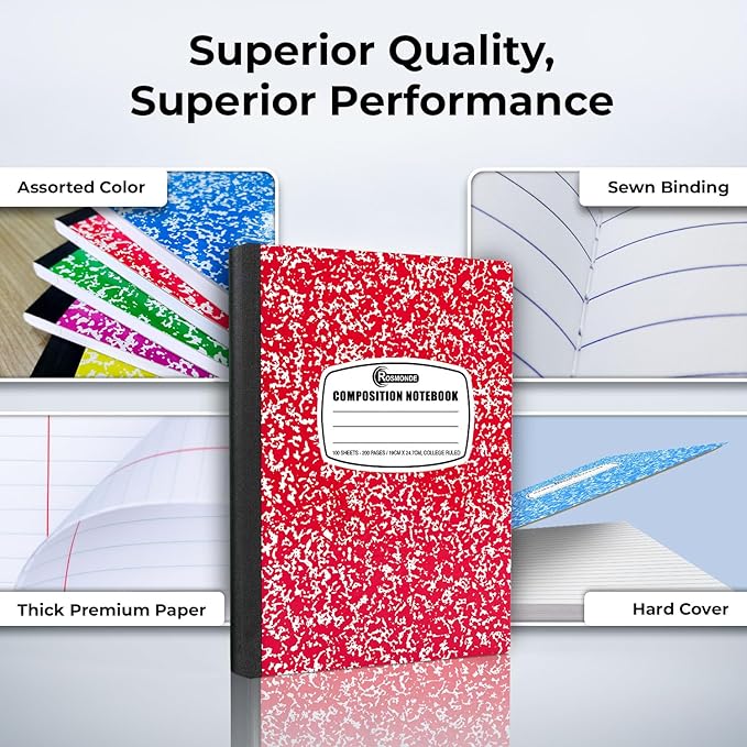 Rosmonde 12 Pack Bulk Composition Notebooks College Ruled, 200 Pages (100 Sheets), 9-3/4 x 7-1/2, Hard Cover College Ruled Notebooks, Assorted Colors Composition Notebook For School, Colors May Repeat