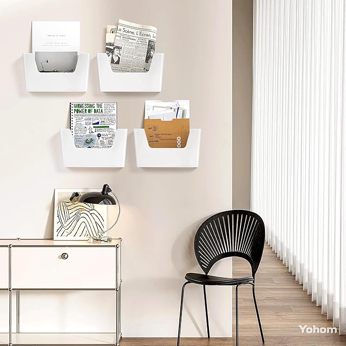 YOHOM No Drilling File Holder Wall Mails Magazines Organizer Adhesive Door Mount, Single Pocket, (White 1) (WHITE, 5 PCS)