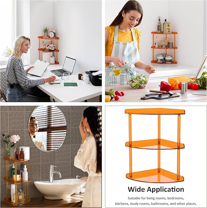 Sezanrpt 3 Tier Acrylic Corner Shelf Organizer Storage 9.5x9.5x15.7 Inch, Orange Countertop Corner Shelf for Bathroom, Kitchen, Bedroom, Office, Study Room