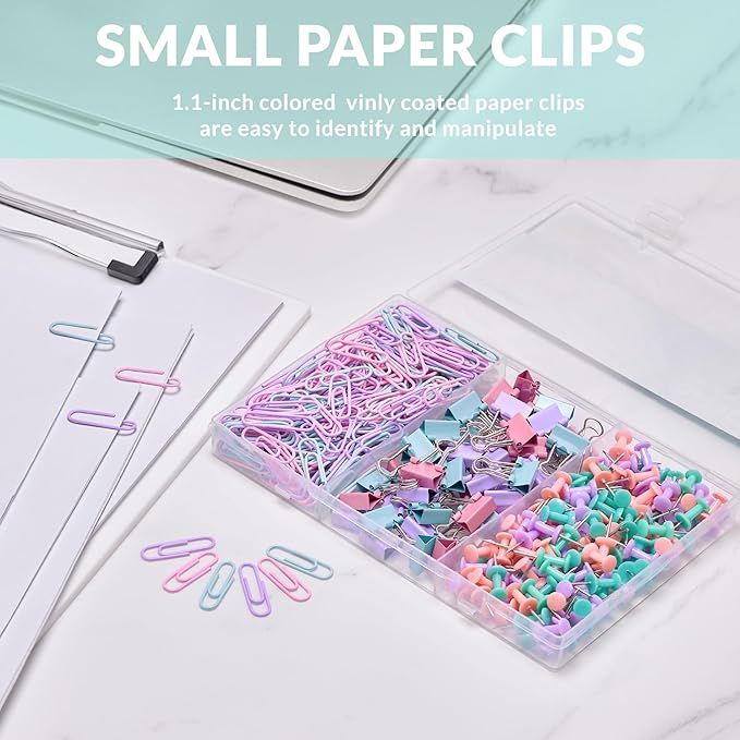 LincOficey 350pcs Paper Clips Binder Clips and Push Pins Set, Small Clips Office Supplies in Compartments Container for Multipurpose Document Organization (Pastel)
