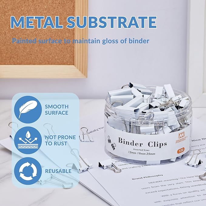 NEEWAY 100 Count Binder Clips Assorted Sizes, Paper Binder Clips (0.6inch 0.75inch 1inch), Metal Paper Clamps for Office and Home (White)