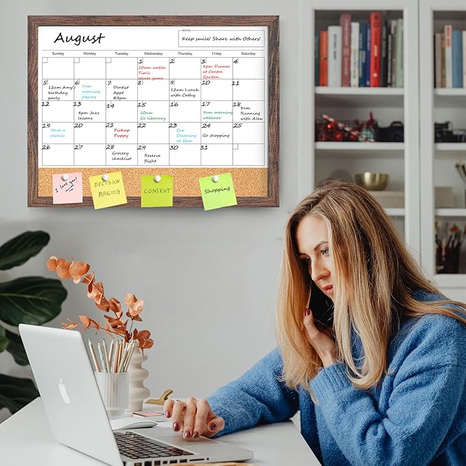 Calendar Whiteboard for Wall, 18x24 Inches White Board Calendar Dry Erase, Magnetic White Board with Wood Frame, Hanging Dry Erase Board for Kitchen Home Office School Planner