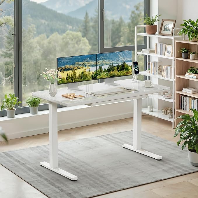 Furmax Glass Standing Desk with Drawers, Electric Adjustable Home Office Sit Stand Desk with One-Piece Desktop & USB Charging Port for Computer Desks