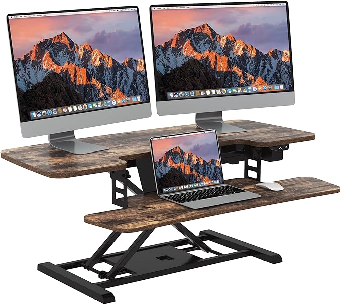 SANODESK Standing Desk Converter with Electric Motor 40" Height Adjustable Riser for Office Home,Dual Monitor and Laptop Workstation with Large Keyboard Tray, Rustic Color