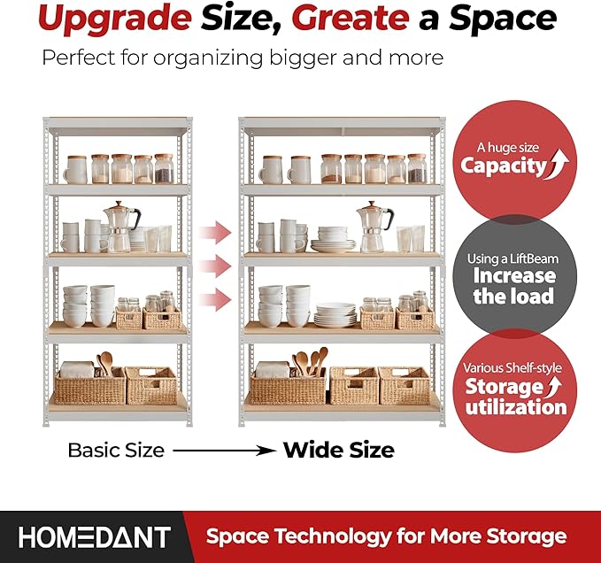 HOMEDANT 47.7" W 5 Tier Heavy Duty Garage Shelving Adjustable Metal Rack Storage Shelves Standing Shelf Unit Organizers Industrial Warehouse Basement Black 1Pack