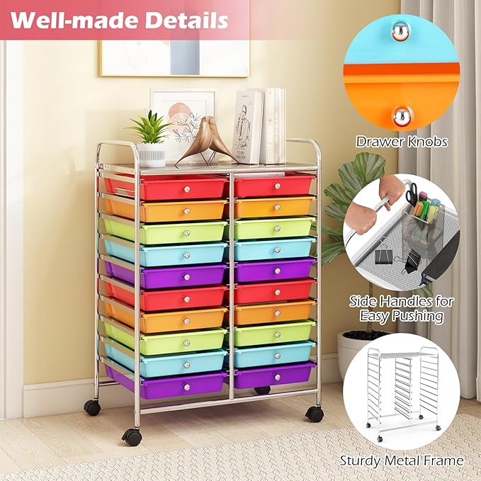 Happygrill 20-Drawer Organizer Cart Tools, Mobile Utility Storage Cart with Removable Drawers & Lockable Wheels, Rolling Storage Cart with wheels for Home Office School(Multicolor)