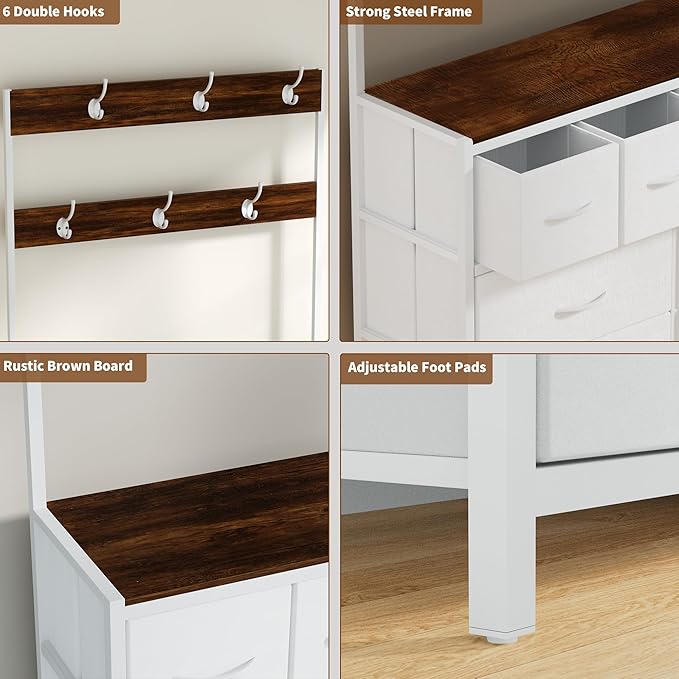 YKVIQBY 8 Drawer Dresser with 6 Double Hooks, 68.9" Tall Closet Organizer and Storage, Fabric Dresser for Bedroom, Nursery, Closet, Space-Saving Freestanding Storage Cabinet (White)