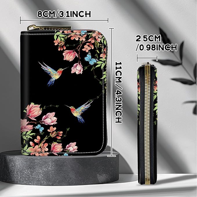 BWEGRHE Cute Credit Card Holder with Zipper, Hummingbird Floral Sakura RFID-Blocking Card Case Small Wallet for Women Men, Multi-slot Card Organizer Case Travel Accordion Wallet