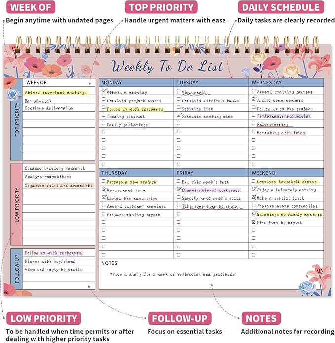 104 Pgs Weekly To Do List Notepad, 52 Duplex-Printed Undated Sheets 100 GSM（8.5"×11") Weekly Desk Planner For Work Home School Office Desk Accessories Supplies & Goal Setting Tasks -Pink Floral