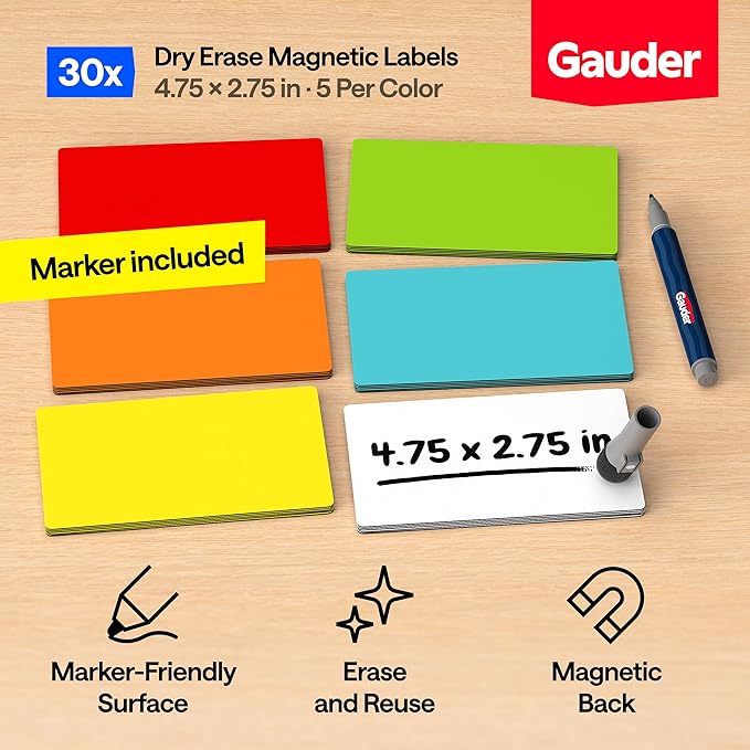 GAUDER Magnetic Dry Erase Labels | 30x Magnetic Labels (4,75 Inches x 2,75 Inches) | 30x Dry Erase Magnets for Classroom, Whiteboard and Blackboard