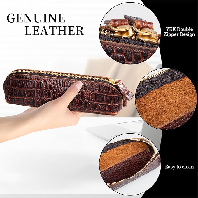 Gexmil Genuine Leather Pen Case, Full Grain Leather Pencil Holder, Hand-made Stationery Bag for Work & Office, Vintage Style, Crocodile Brown