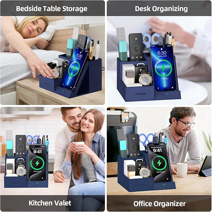 TopMade Wireless Charger with Desk Nightstand Organizer, Leather Pen Pencil Holder Bedside Fast Charging Station, for iphone Charging Stand Office Supplies Desk Accessories, Gifts for Men(Blue)