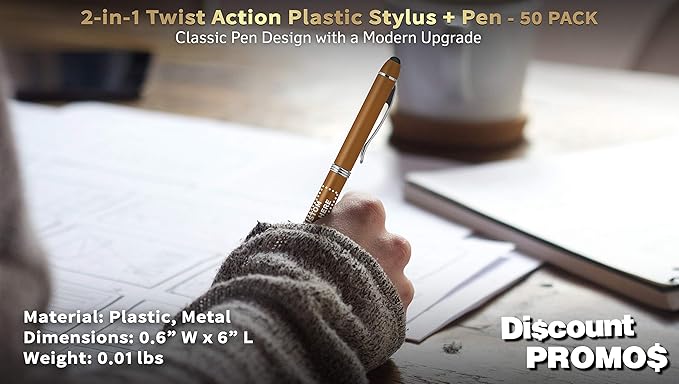 DISCOUNT PROMOS Custom Twist Action Plastic Stylus Pens, Set of 50, Personalized Bulk Pack - Pens for Work, Cool Pens for Writing, Black Ink - Gold