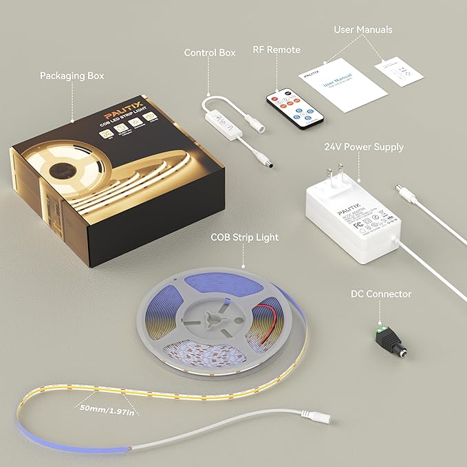 PAUTIX COB LED Strip Light 32.8ft,LED Lights UL-Listed Daylight White 6000K Strip Lights with RF Remote,Dimmable Super Bright 24V Cool White Natural White LED Tape Lights,Cabinet Office Lighting
