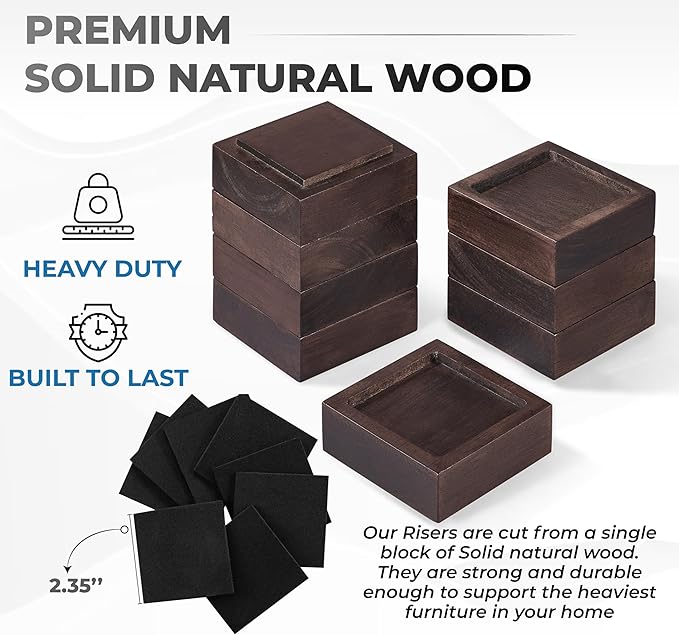 Bed Risers, Furniture Risers (Set of 8-Height 1") Can be Adjusted to 2'' 3''or 4'', Lifts Furniture Risers, Solid Natural Wood Risers, Non-Slip Recessed Hole (Square-Walnut Color)