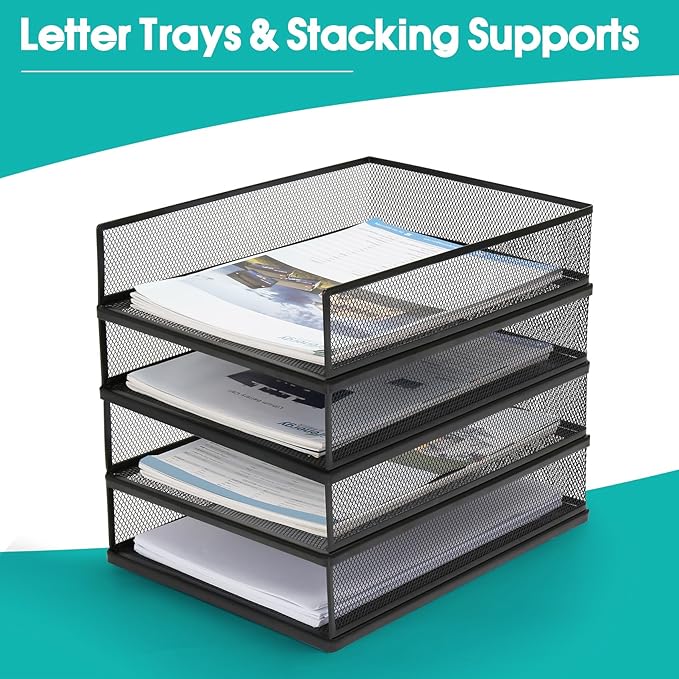 AZFUNN Wire Mesh Letter Trays Paper Tray Desk File Organizer, 2 Pack Stackable Metal Front-Load Documents Tray for Office Supplies File (Lengthways)