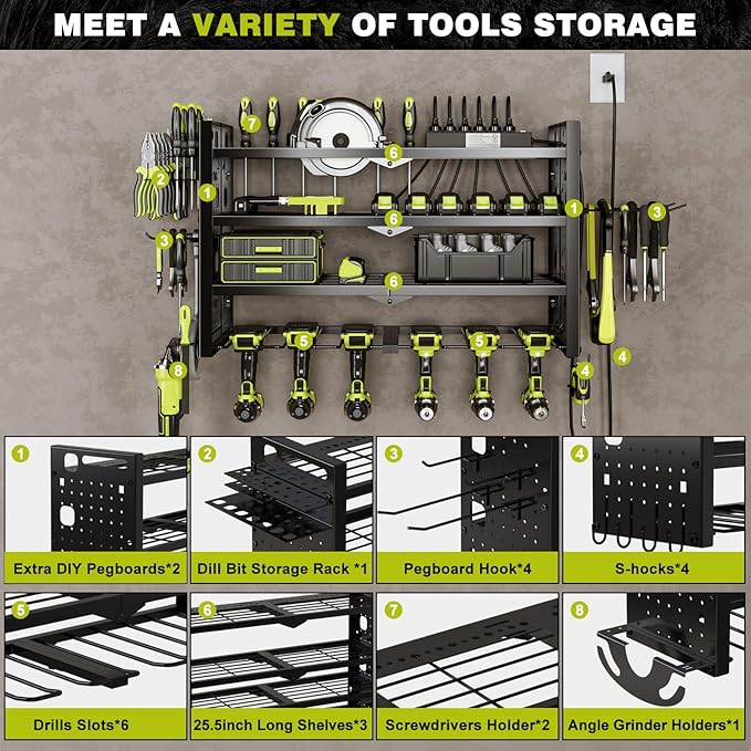 NattyDot Power Tool Organizer Wall Mount with Charging Station 4 Layer 6 Slot Cordless Drill Holder with Angle Grinder Holder (Black)