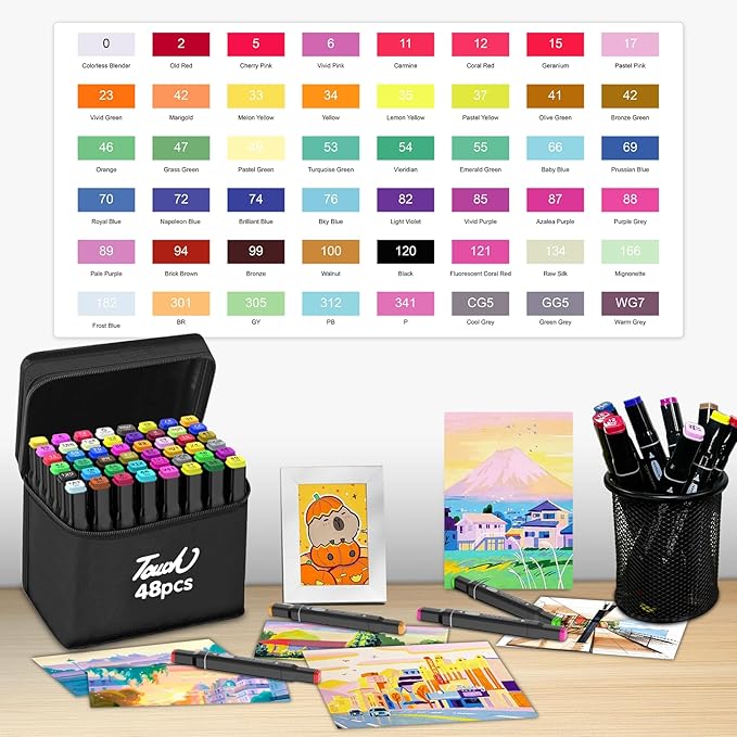HOMESILMO 48 Color Alcohol Pen Set, Double Tip Art Adult Alcohol Pen, Mixed Sketching Art Supplies, Sketchbook, Coloring Drawing Card, Illustration Production, Brush Head and Chisel Head Double Tip