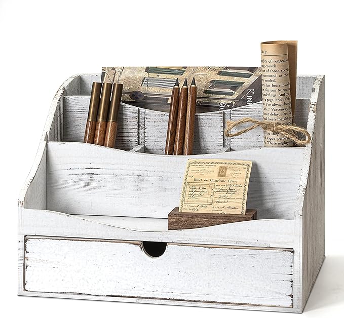 Pine Wood Mail Organizer for Desk - Charming Farmhouse Countertop Mail Sorter for Office Desk & Home Decor - Wooden Letter Organizer with Drawer & Dividers for Room Organization(Whitewash)