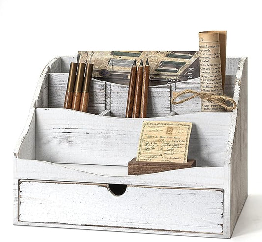 Pine Wood Mail Organizer for Desk - Charming Farmhouse Countertop Mail Sorter for Office Desk & Home Decor - Wooden Letter Organizer with Drawer & Dividers for Room Organization(Whitewash)