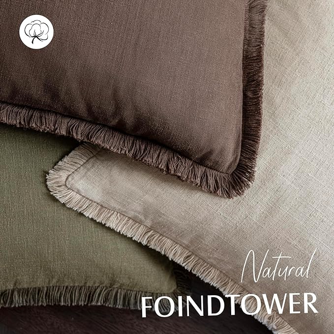 Foindtower Set of 2 Decorative Linen Fringe Throw Pillow Covers Cozy Boho Farmhouse Cushion Cover with Tassels Soft Accent Pillowcase for Couch Sofa Bed Living Room Home Decor,26×26 Inch,Reddish Brown