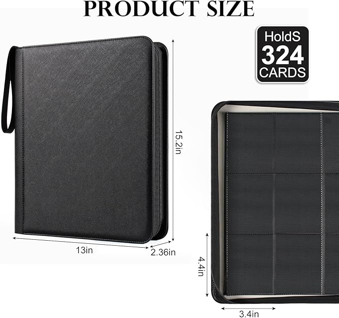 GEAoffice 9 Pockets Top Loader Binder for 324 Cards, Premium PU Leather Side Loading Trading Card Binder for Toploader, Ringless Card Collection Album Holder for 3"×4" Rigid, Black