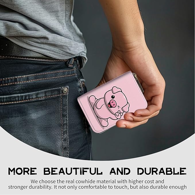 BWEGRHE Cute Credit Card Holder with Zipper, Pink Pig RFID-Blocking Card Case Small Wallet for Women Men, Multi-slot Card Organizer Case Travel Accordion Wallet