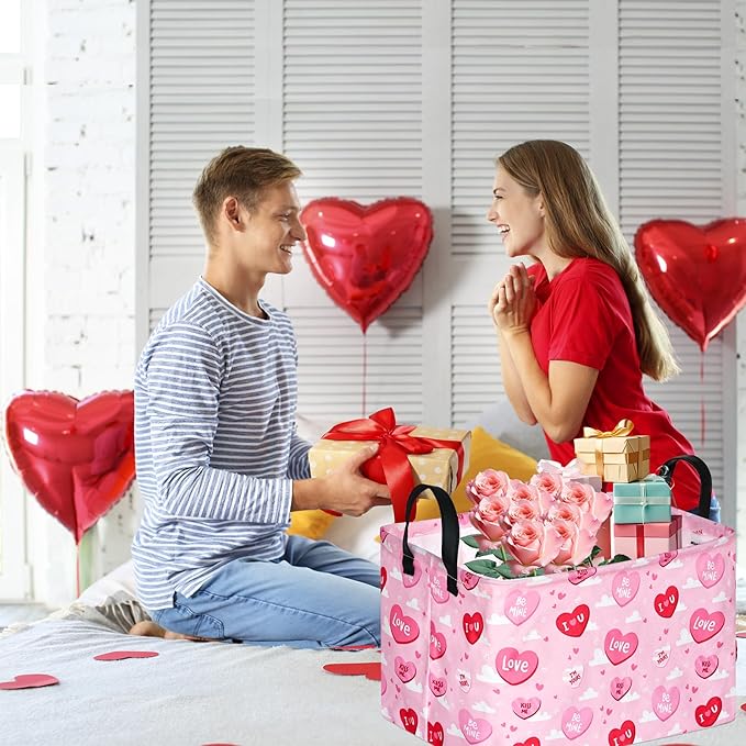 FUULOXE Rectangular Valentines Basket Storage Bin for Shelves Girls Gifts Baskets Foldable Box with Handles for Home Office Car Dormroom Valentine's Day Party Supplies