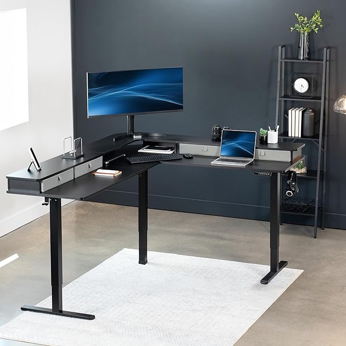 VIVO Electric Mobile Corner 75 x 63 inch 2 Tier Stand Up L-Shaped Desk, Height Adjustable, Memory Controller, Storage Drawers, Black Top Black Frame, DESK-E3CVB-75