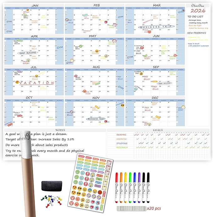 CLEVER CLEAN Large Dry Erase Wall Calendar - 48"x58" 12-month 2026 Undated Yearly Calendar for Home, Office, School Projects - Jumbo Laminated Task Organizer