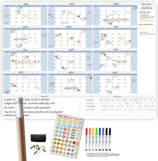 CLEVER CLEAN Large Dry Erase Wall Calendar - 48"x58" 12-month 2026 Undated Yearly Calendar for Home, Office, School Projects - Jumbo Laminated Task Organizer