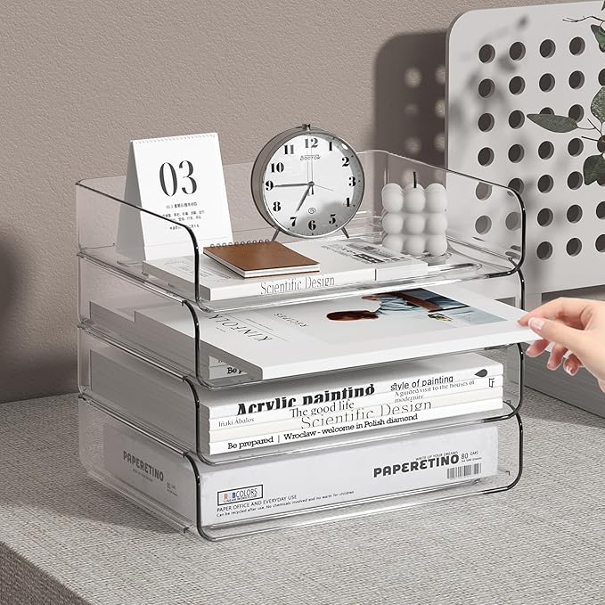 FANXIYQ 4-Tier Acrylic Paper Tray Organizer - Low-Profile Desk File Sorter for Office/Home, Clear Stackable Letter Tray for Bills, Crafts, Notebooks