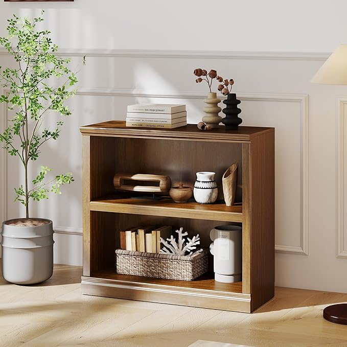 blini 2-Shelf Bookcase Wooden Bookshelves 33in Wide Floor Standing Display Storage Shelves Vintage Oak Bookcase for Home Office, Living Room, Bed Room