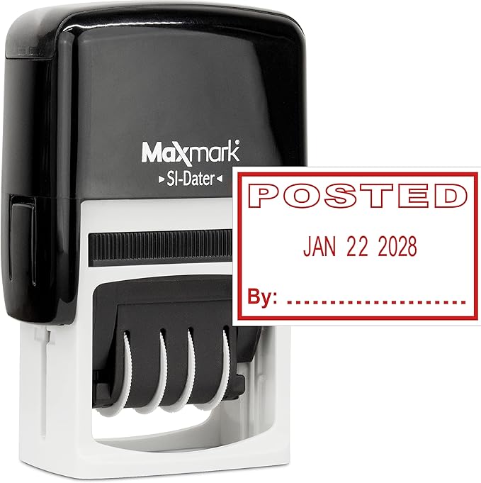 MaxMark Office Self Inking Date Stamp with Phrase Posted - Red Ink