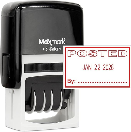 MaxMark Office Self Inking Date Stamp with Phrase Posted - Red Ink