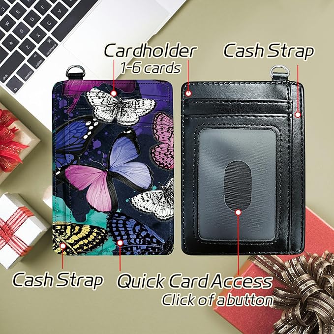 BWEGRHE Small Travel Wallets, Color Butterfly Slim Minimalist Front Pocket Wallet with Wristlet, RFID Blocking PU Leather Credit Card Holder with ID Window Change Purse for Men Women