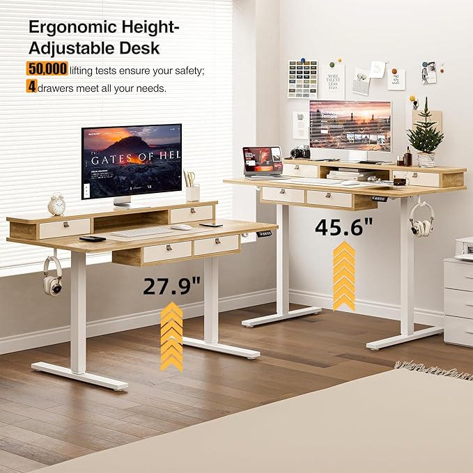 Grandder 47 Inch Electric Standing Desk with Four Drawers, Sit to Stand Up, Height Adjustable Desk with Storage Shelf for Home Office, Study, Ergonomic Adjustable Computer Desk, Oak