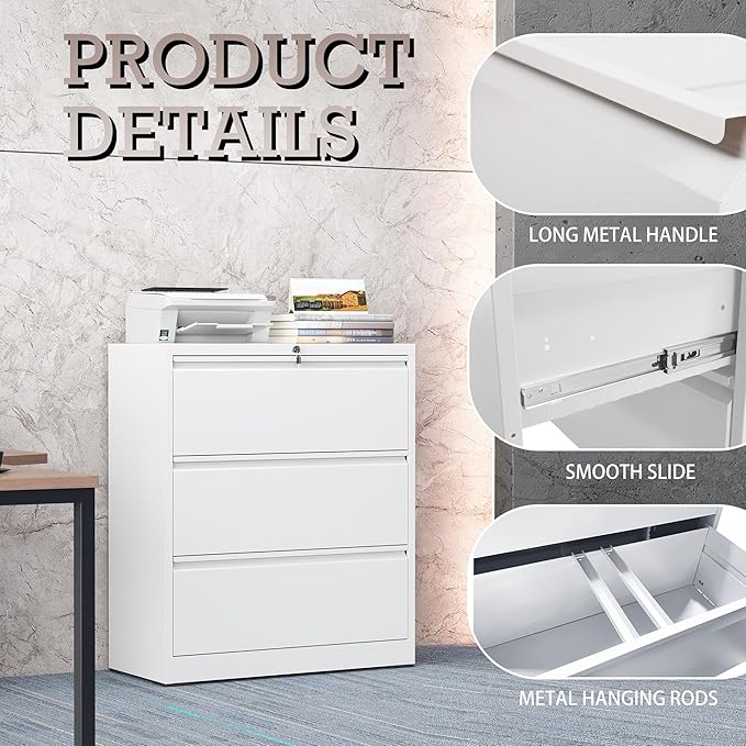 mysteeldepot 3 Drawer Lateral File Cabinet with Lock, Metal File Cabinet, Lateral File Cabinets for Home Office, Heavy Duty File Storage Cabinet for Legal/Letter/A4 Document, Assembly Required, White