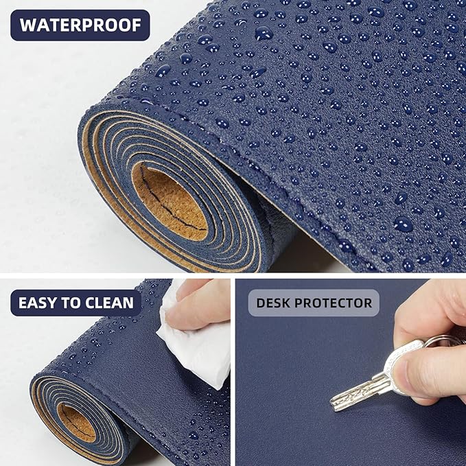 Leather Desk pad Protector, Large Desk mat with Natural Cork & PU Leather,Mouse pad,Non-Slip Office Desk Mat,Waterproof Desk Writing Pad for Office and Home (47in*23.7in, Blue)