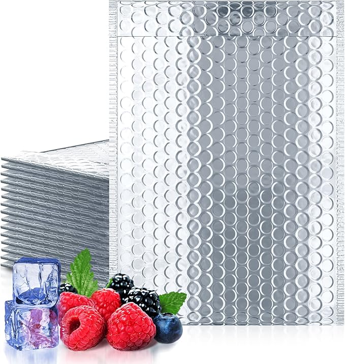 Amiff Silver Thermal Bubble Mailer, 12 x 17 Inches. 25 Pack Metallic Bubble Mailers. Self-Seal Insulated Mailers for Cold Shipping. Padded Envelopes Waterproof. Thermal Bag for Food, Cosmetics