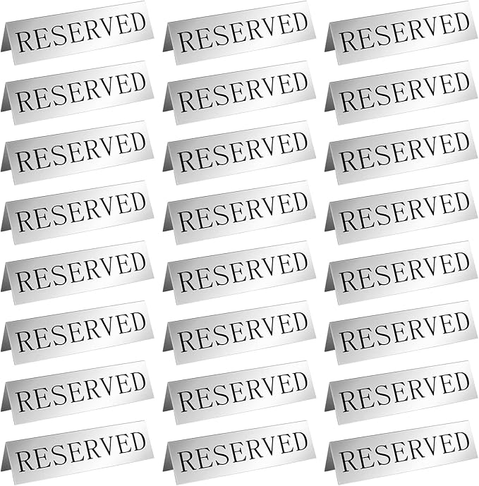 Peryiter Metal Reserved Table Signs Metal Reserved Sign Double Sided Table Stand Tents Seating Tent for Wedding Restaurant Ceremony, 5.91 x 3.15 Inch(Silver,24 Pcs)
