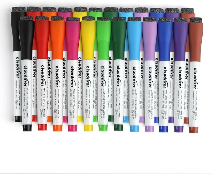 cloudriver Magnetic Dry Erase Markers, 24 Pack Whiteboard Markers - 12 Fine Tip And 12 Chisel Tip, 12 Colors Low Odor Dry Erase Marker With Eraser Cap
