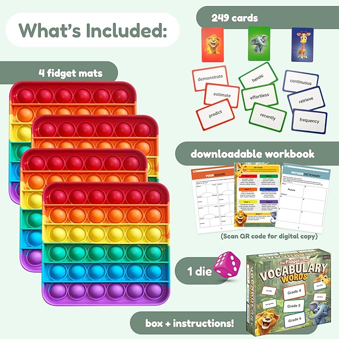 THE FIDGET GAME Vocabulary Words, Flash Card Game, Grade 4-6, Ages 9-12, Develop Communication and Reading Comprehension Skills, Fidget Mats, Learning Guide & PDF Workbook Included