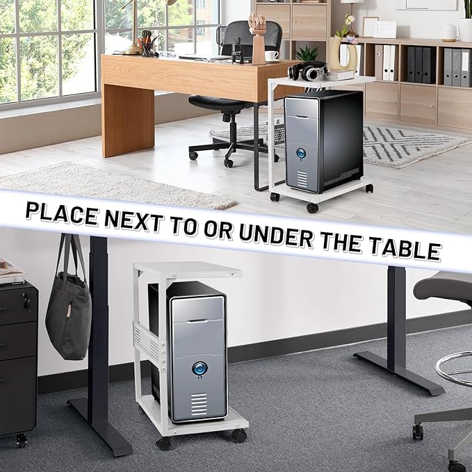 Bfttlity PC Stand Computer Tower Stand 2-Tier Metal CPU Holder with Locking Caster Wheels Suitable for Most PC (S,White)